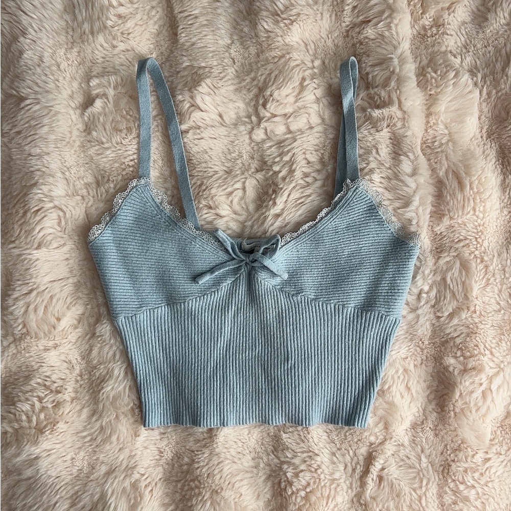Women's Blue Lace Trim Ribbed Top